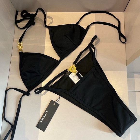 Versace Black Textured Bikini with Cream Accents